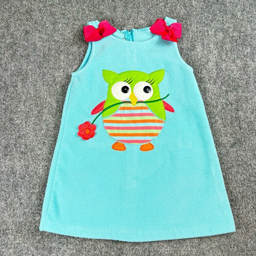Bonnie Jean Dress Girls 4 Fleece Sleeveless Owl Applique Turquoise Cute Aline